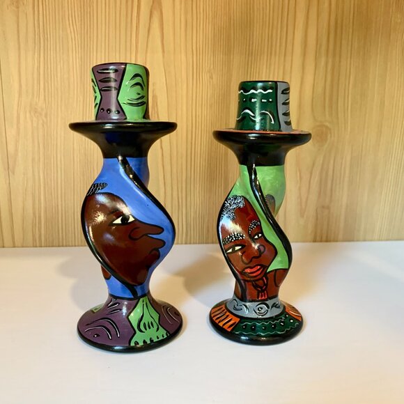 Set of 2 Hand Painted Carved Soapstone Taper Candle Holders - Picture 4 of 8